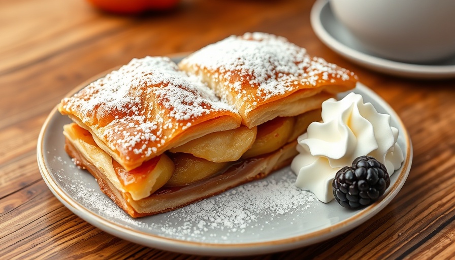 Delicious apple strudel on a plate with cream and blackberry.