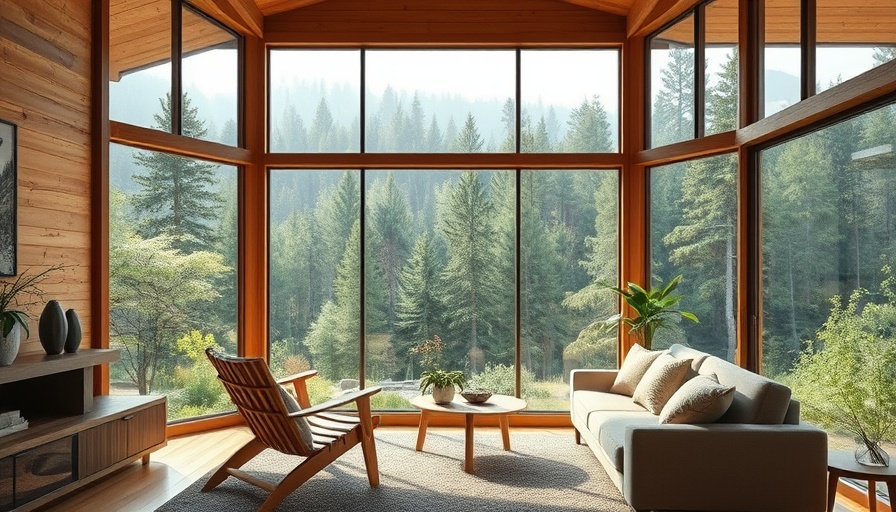 Cozy cabin living room with forest view on electric road trip.