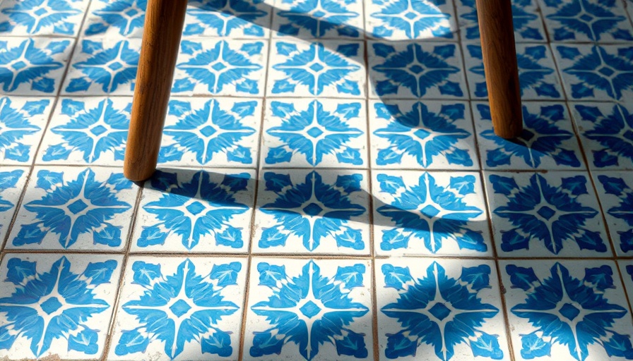Intricate blue patterned tile floor, Scandinavian design, subtle sunlight.