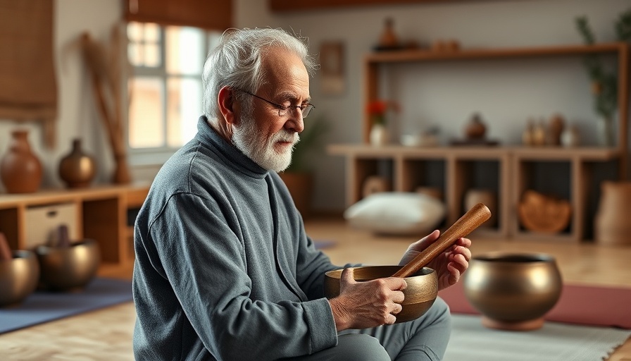 Elderly man meditating with Tibetan bowls, Yoga trends for 2025.