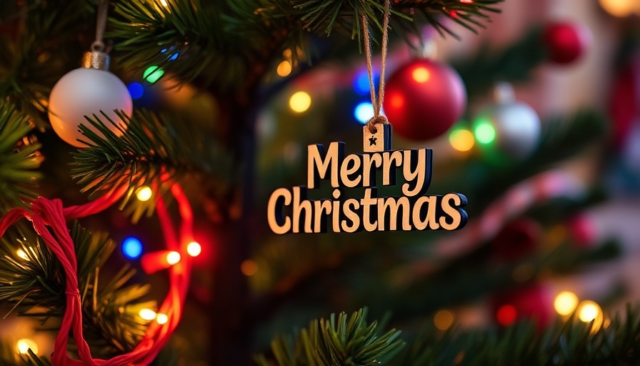 Merry Christmas ornament on tree with festive lights; last-minute eco-friendly gifts.