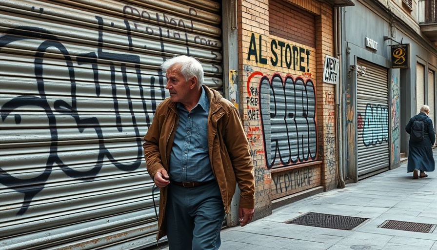 Older man walking by graffiti highlighting regenerative tourism tension.
