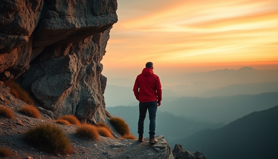 Lone hiker on cliff admiring sunrise over mountains, exploring luxury hiking developments.