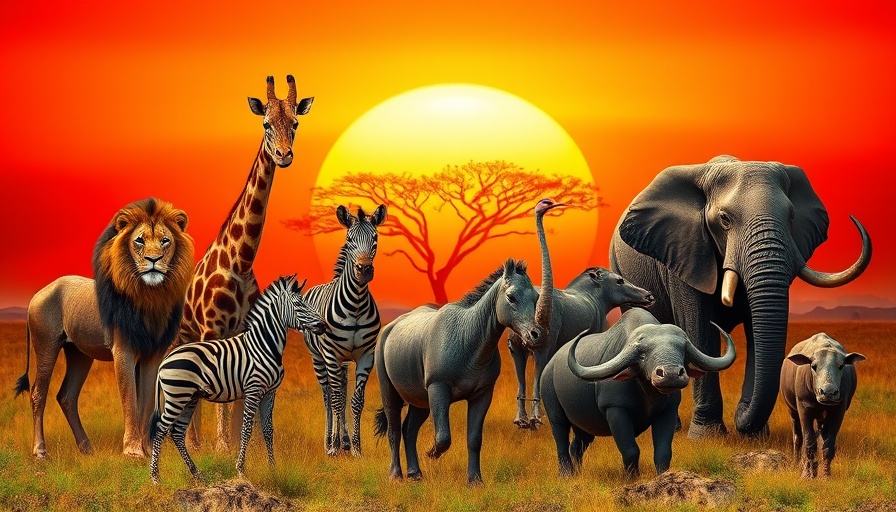 Iconic safari animals at sunset on the African plains.