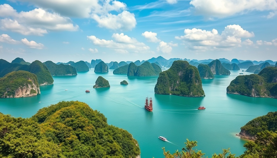 Scenic Ha Long Bay with limestone islands and boats.