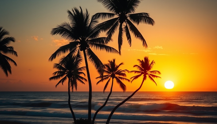 Tropical sunset with palm trees over ocean in Hawaii.