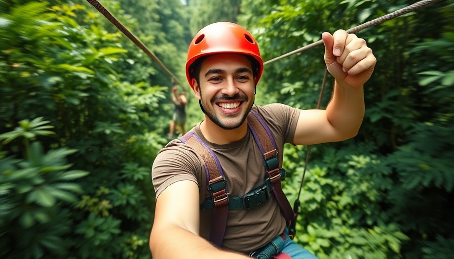 Young man ziplining in lush forest at largest zipline parks in South Africa.