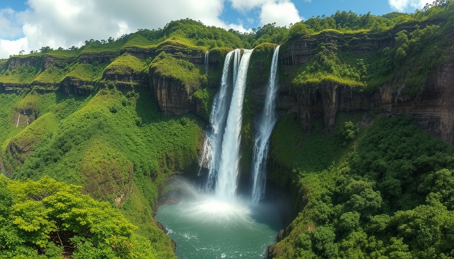 Aerial views of the tallest waterfalls in Hawaii amidst lush green cliffs.