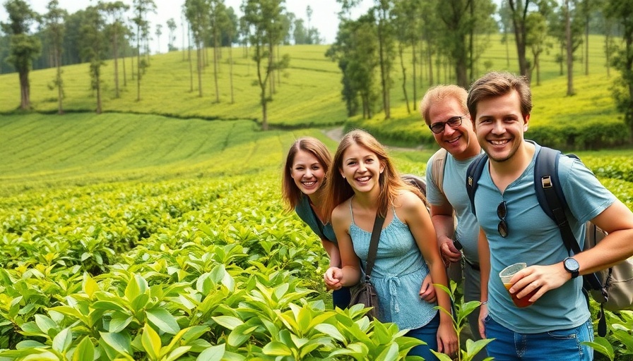 Group enjoying mission trip in vibrant tea fields under sunny skies.
