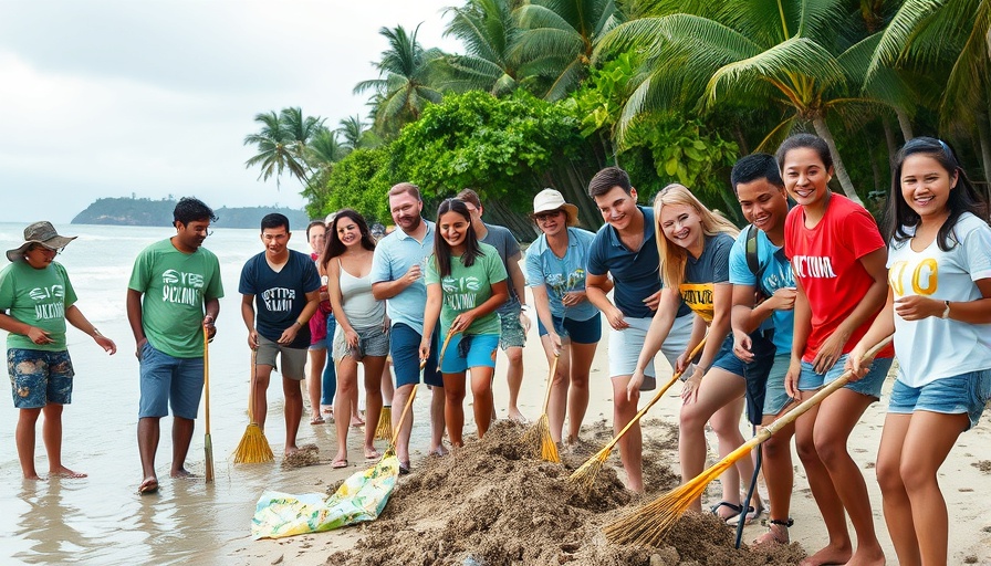 Diverse volunteers on a tropical beach during a clean-up event, promoting volunteering abroad.