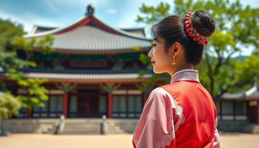 Sustainable travel in South Korea: woman in hanbok admiring nature and architecture.