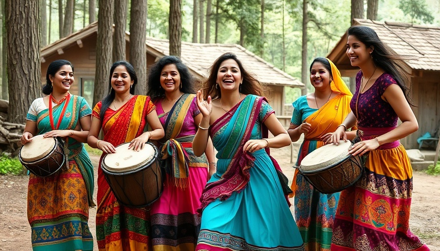 Group of women dancing and drumming in nature-based tourism setting.