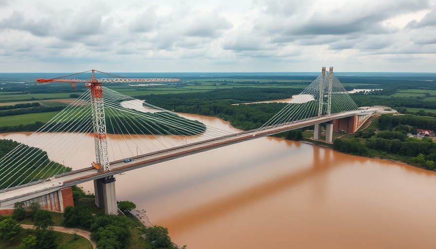 Laos-Thailand Friendship Bridge construction over river with cranes.