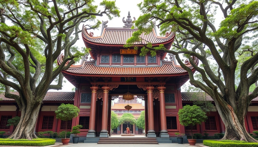 Hanoi night tour features traditional Vietnamese temple entrance.
