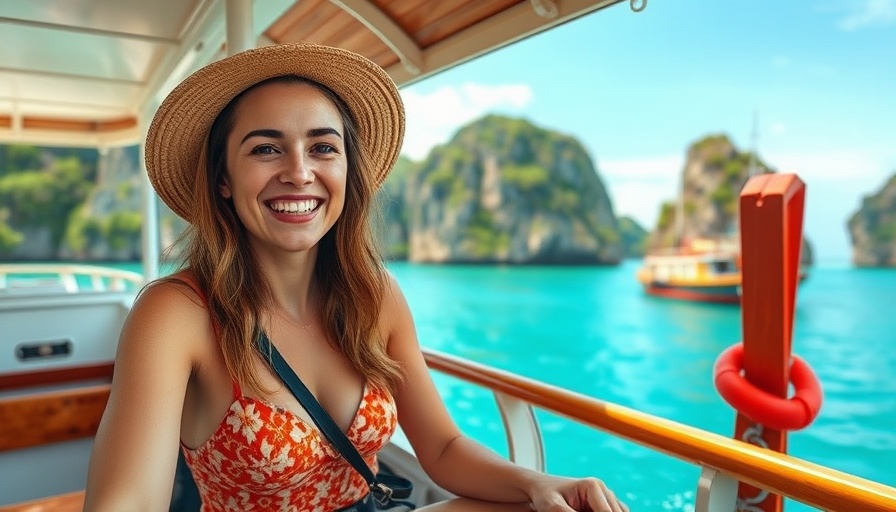 Woman enjoying solo travel in Thailand, sitting on boat with scenic view.