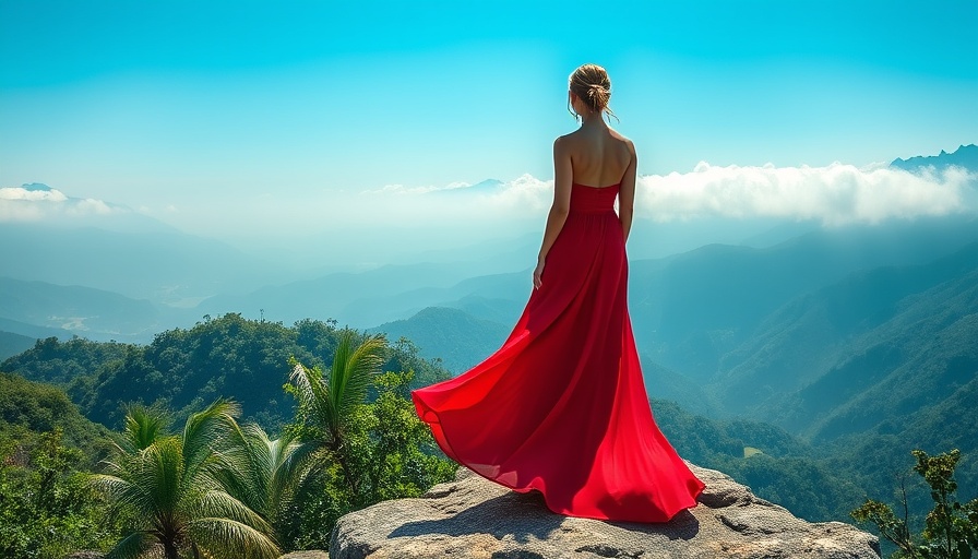 Woman in red dress admiring misty mountains, embodying sustainable tourism in Mekong region.