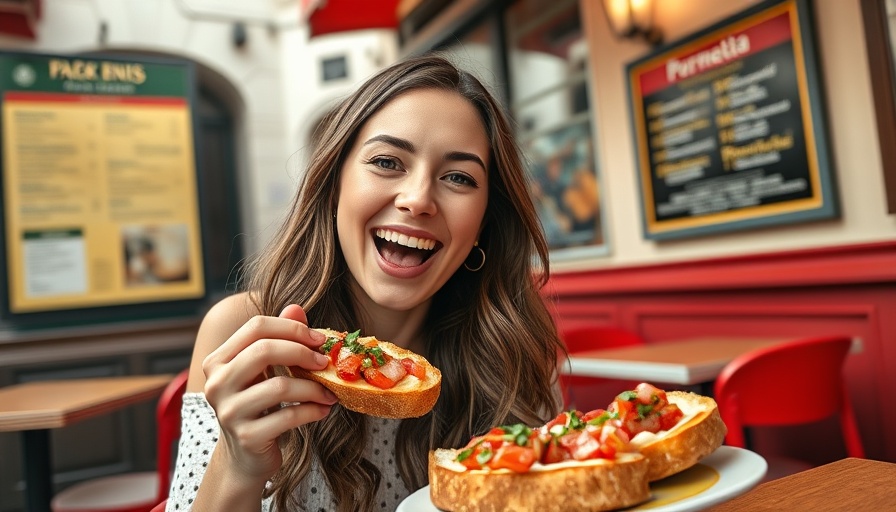 Woman enjoying bruschetta on food tour in Rome.