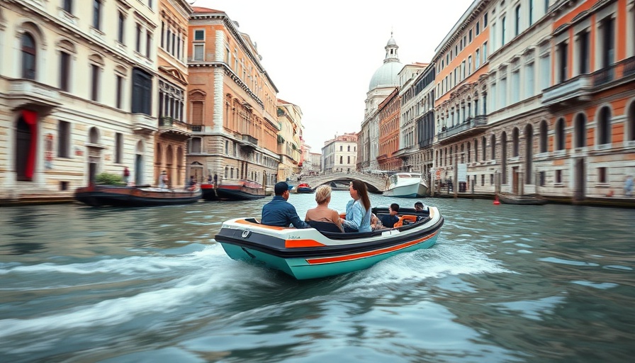 Venice water taxi tour with passengers on canal.