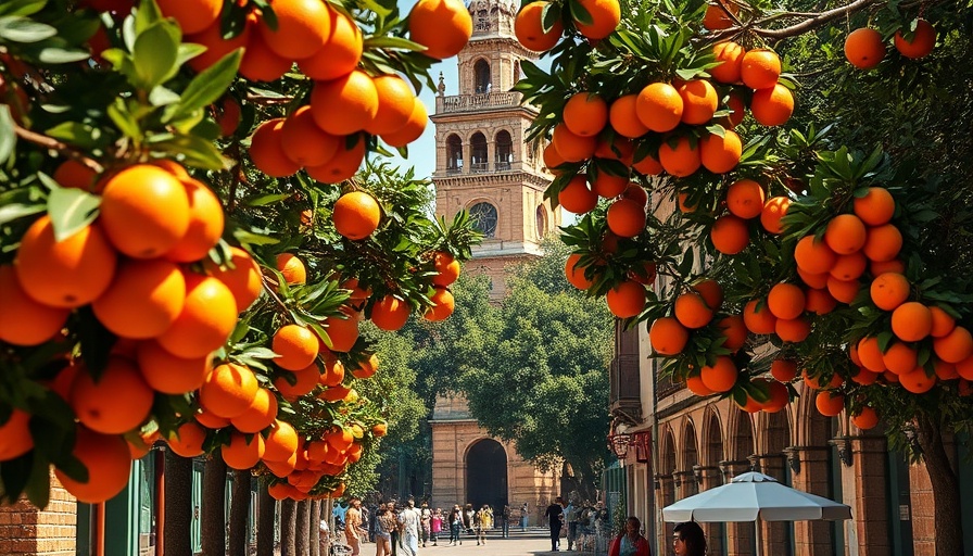 Sustainable Seville neighborhoods with orange trees and historic architecture