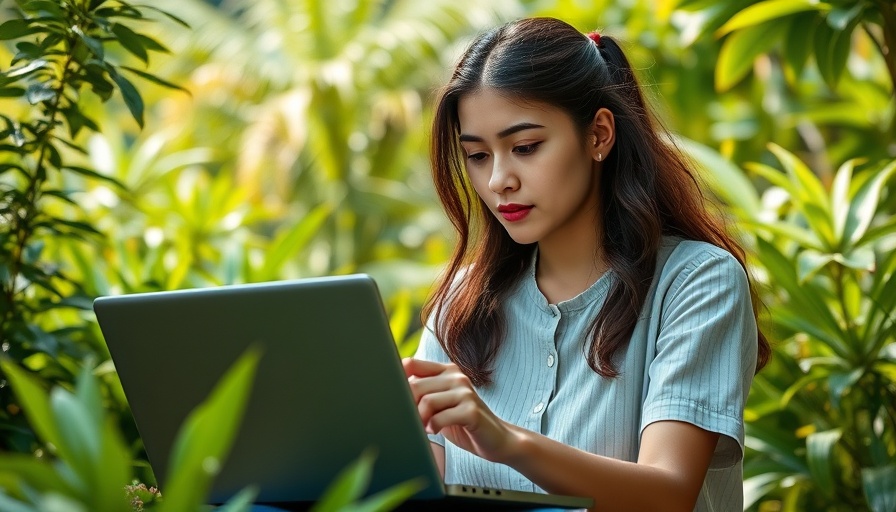 Woman working on laptop and phone outdoors in sustainable setting.