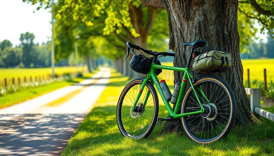 Green bike with gear next to tree on country road, eco travel concept.