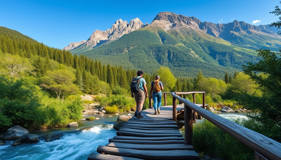 Hikers exploring green tourism in a mountain landscape.
