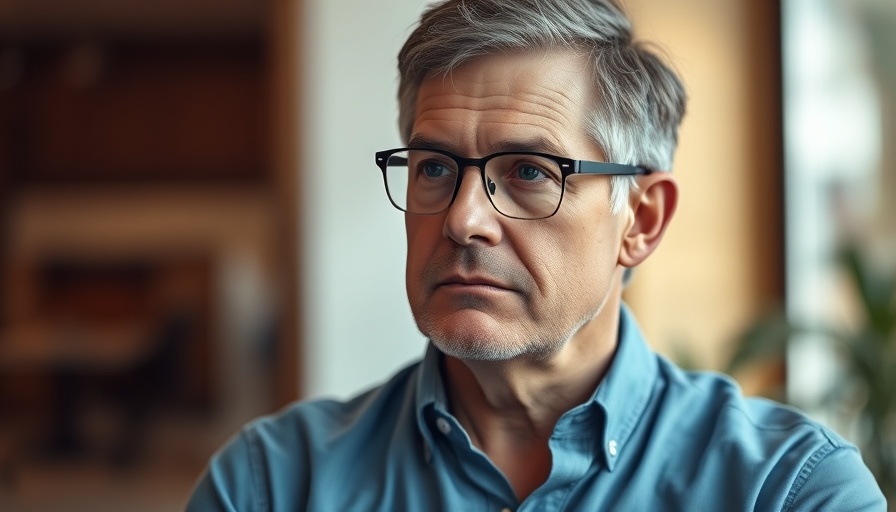 Thoughtful man with glasses and blue shirt, indoor setting.