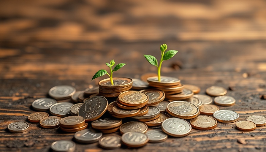 Impact investing Africa: coins and plants on rustic wood.