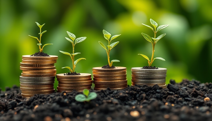 Coin stacks with plants symbolizing impact investment growth.