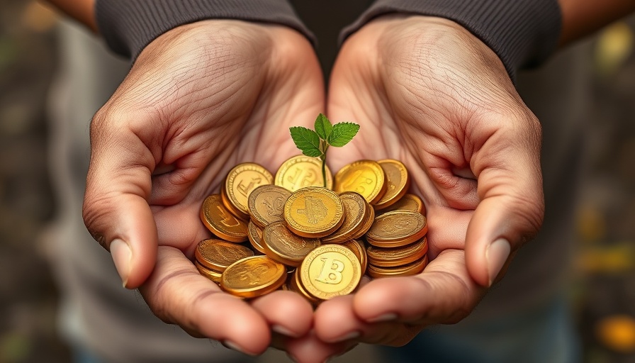 Hands with coins and plant symbolizing impact investment growth.