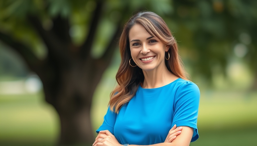 Impact Investment: Confident woman in blue dress smiling against an orange background.