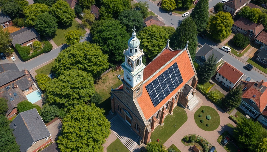 Solar panels on church roof, community solar financing concept.