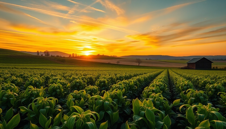 Regenerative finance biodynamic farming field at sunset with barn.