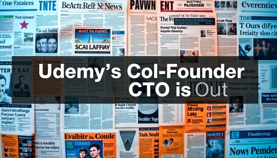 Business news text overlay highlighting CTO exit at Udemy, AI tools for business.