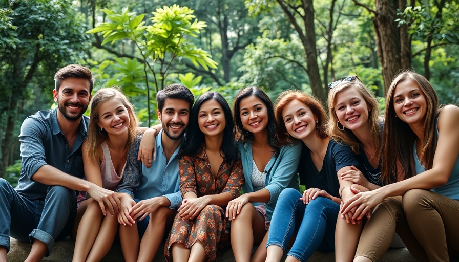 Group of friends embracing during sustainable outdoor activity in nature.