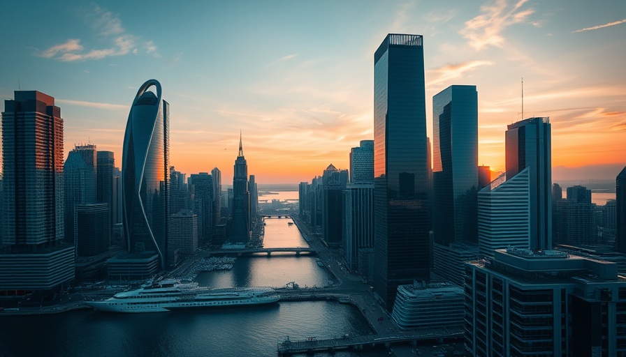 Impact Investment Trends urban skyline with skyscrapers at sunset.