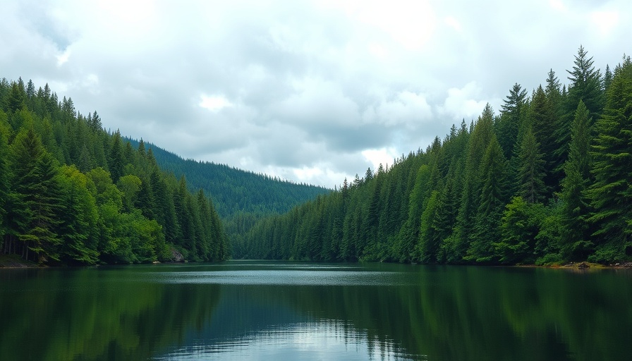 Scenic view of a forested lake in Brantford, Ontario depicting sustainable travel potential.