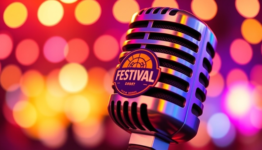 Colorful podcast microphone at comedy festival expansion to US.