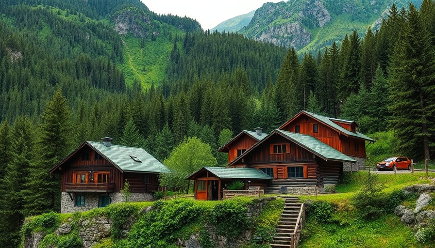 Idyllic mountain houses in lush setting, showcasing sustainable travel in Spain.