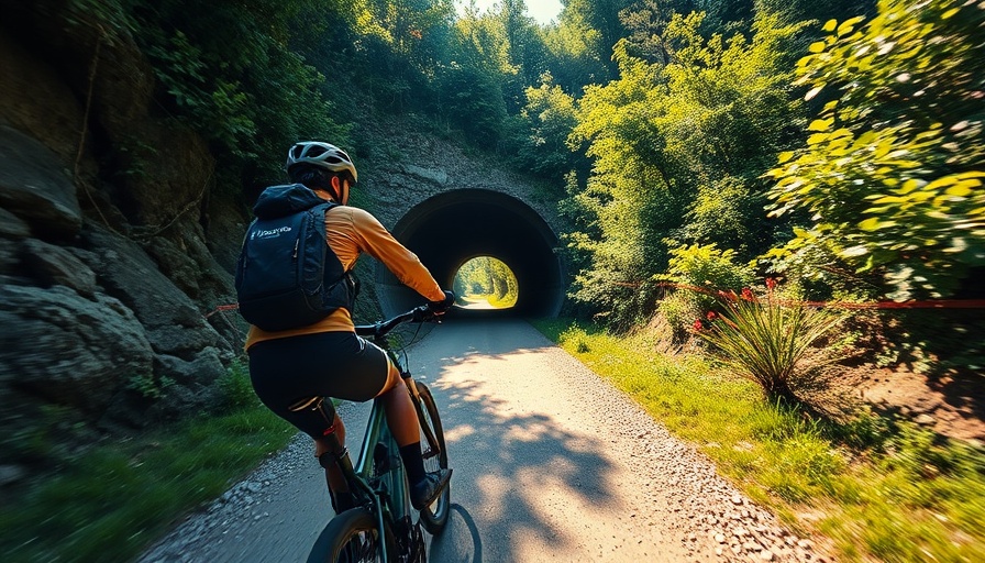 Cyclist on Via Verde de la Sierra path near a tunnel.