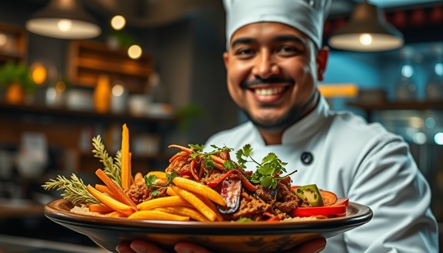 Colorful sustainable Peruvian cuisine presented by chef.