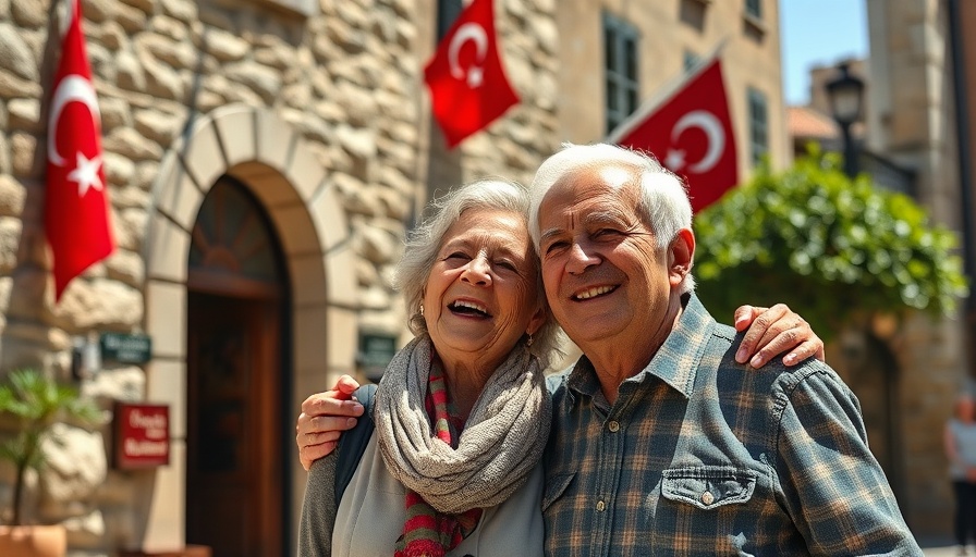 Older couple enjoying a sunny day in Turkey, showcasing culture against a backdrop of traditional architecture.