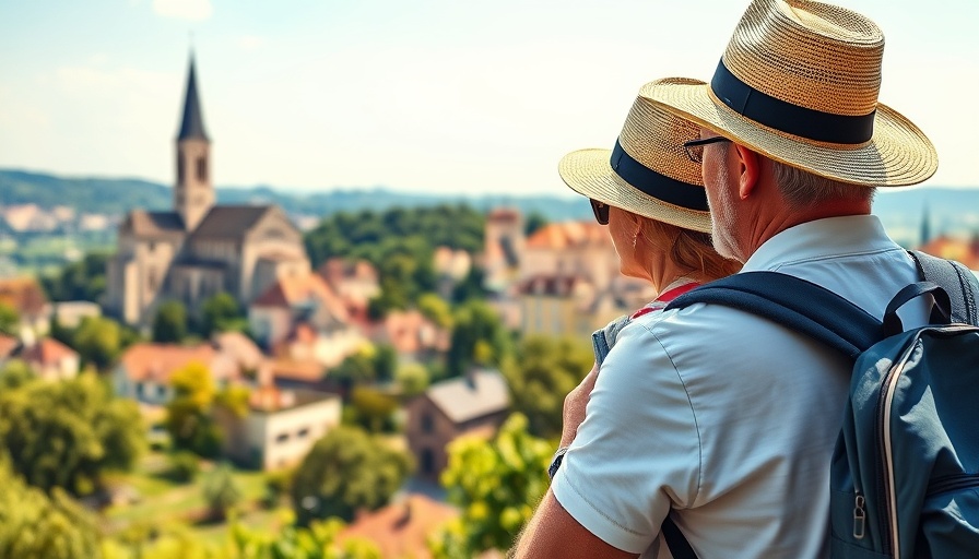 Mature couple observing German town's historic landscape.
