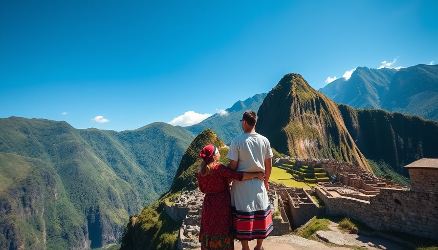 Couple enjoys scenic view of Machu Picchu for sustainable exploration.
