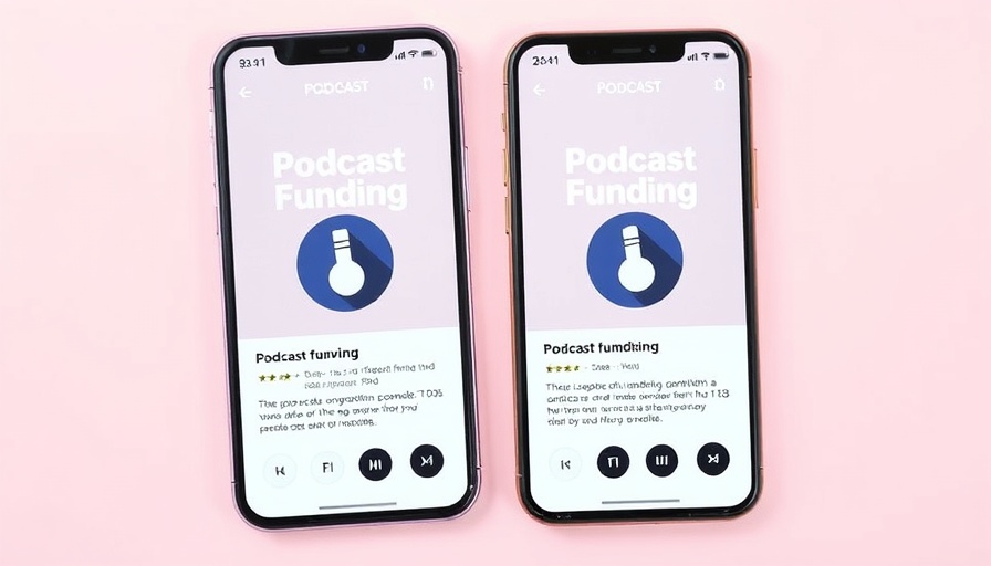 Podcast funding feature displayed on smartphones with gradient background.