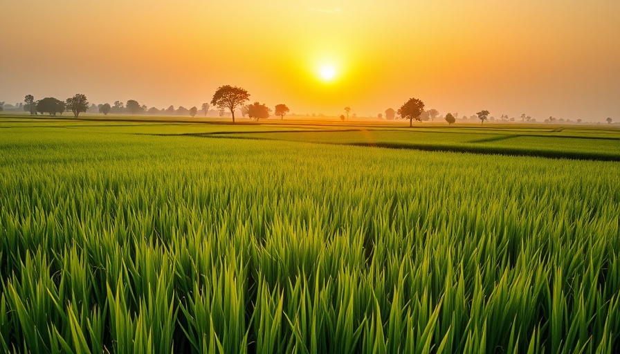 Lush green rice field at sunrise with reflections, symbolizing green finance regulations.
