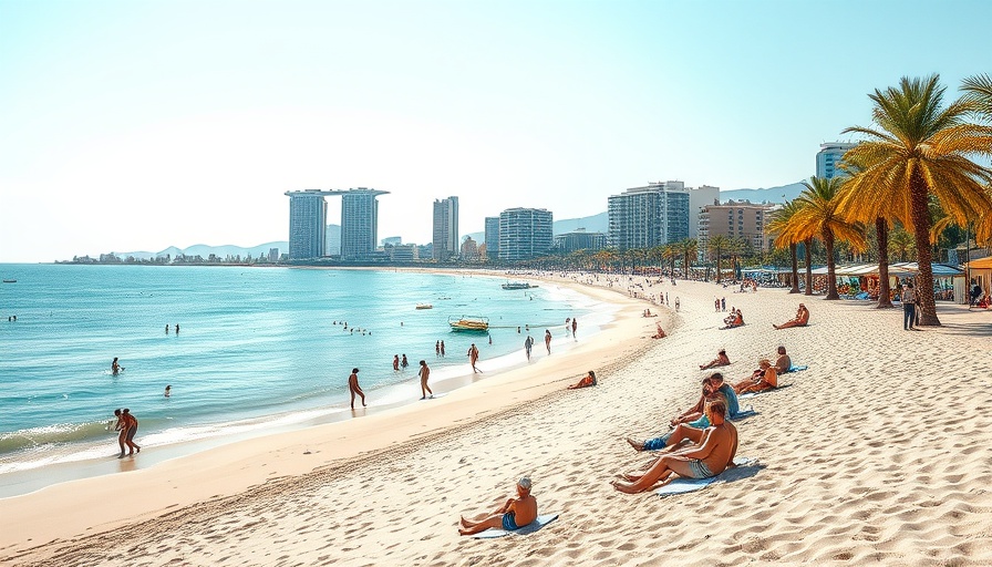 Sunny Spanish beach with high-rise buildings, Spain summer tourism outlook.