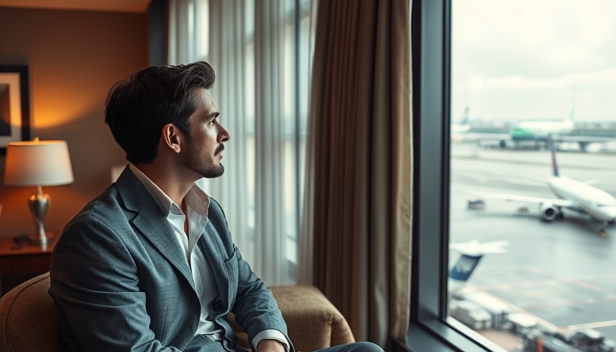 Modern airport hotel room in Europe with person and window view.