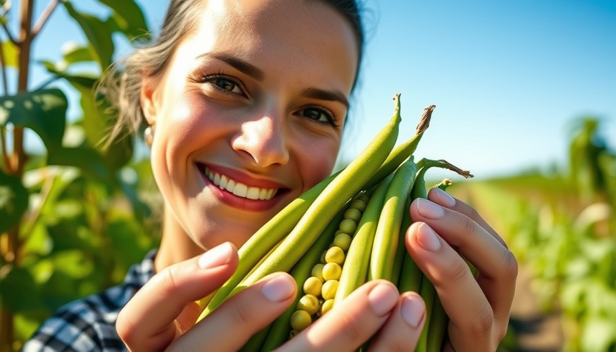 Smiling woman on a farm holding beans, sunny day, Cold Storage Solutions Uganda.