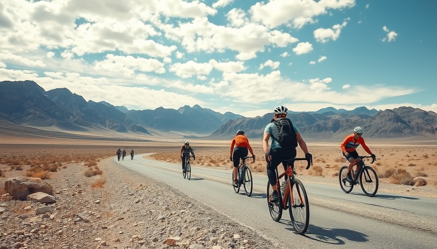 Cyclists exploring a desert road with mountain backdrop, best cycling destinations.